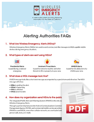 Image of the Alerting Authorities Frequently Asked Questions (FAQs) document, page 1